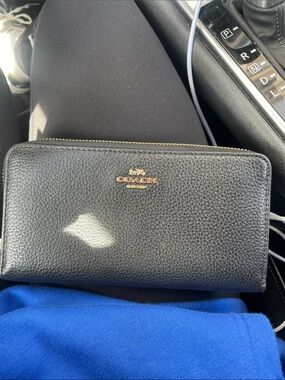 Coach Black Pebbled Leather Zip Wallet with Gold Hardware